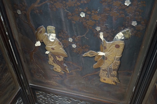 A Japanese folding wood and shibayama screen, height 89cm